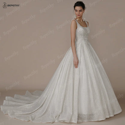 BEPEITHY Exquisite Glitter A Line Wedding Dresses Sleeveless Court Train Princess Sexy Open Back Modern Bride Ivory Bridal Gown