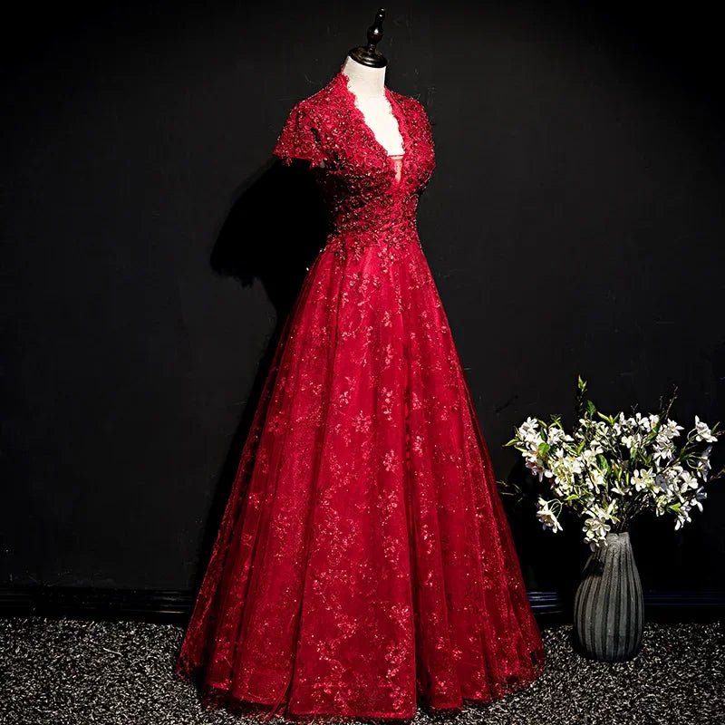 Robe de soirée à manches courtes, style empire, paillettes, imprimé floral, élégante, col en V, longueur au sol, dos nu, nouvelle collection, robes de soirée formelles pour femmes, B989