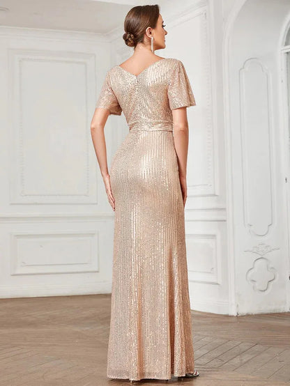 Robe de soirée sexy à paillettes de couleur unie à col en V Robe de soirée élégante Robe de soirée de mariage Robe de demoiselle d'honneur pour femmes Légèrement élastique