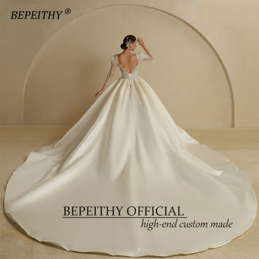 BEPEITHY V Neck Luxury Ball Gown Wedding Dresses For Women 2022 Chapel Train Open Back Sexy Long Sleeves Princess Bridal Dress