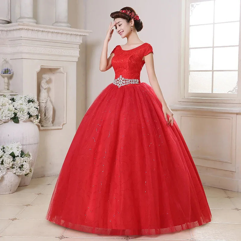 Real Photo New Vestidos De Novia Cheap Red White Wedding Dresses O-Neck Short Sleeves Plus size Bride Gowns Frocks HS161