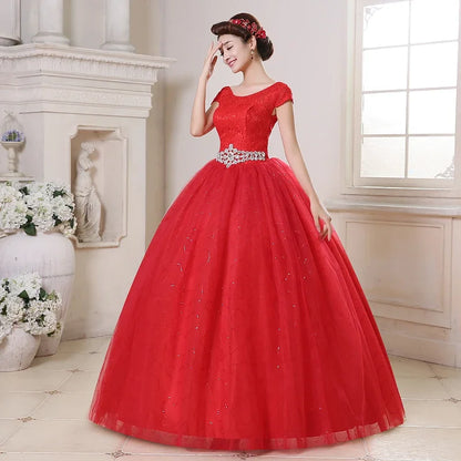 Real Photo New Vestidos De Novia Cheap Red White Wedding Dresses O-Neck Short Sleeves Plus size Bride Gowns Frocks HS161