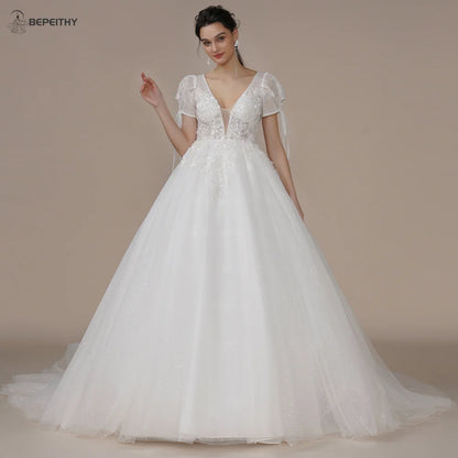 BEPEITHY Princess Glitter Vintage Wedding Dresses For Women Sleeveless Beading Bow Bride Boho Bridal Gown Detachable Flow