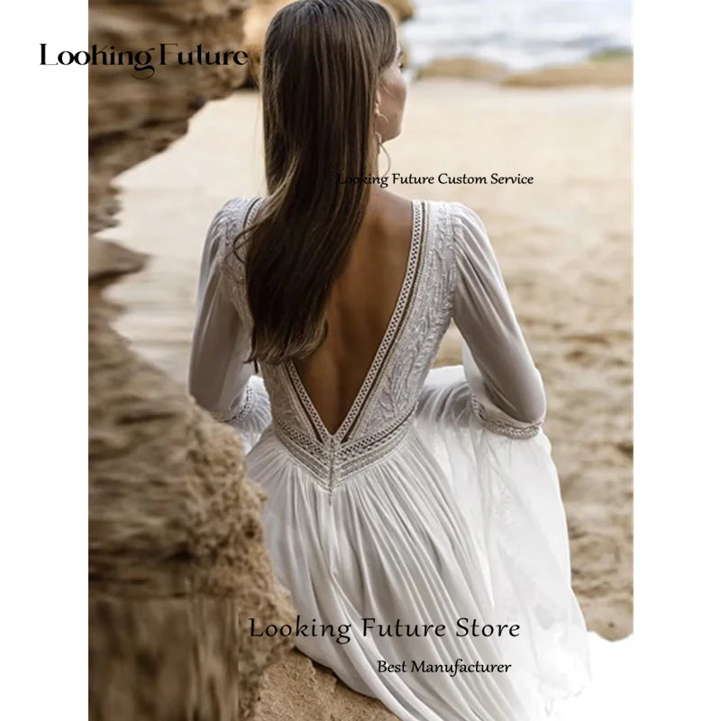 Beach Long White Wedding Dress Chiffon Sexy Deep V-Neck Pleat Rlare Sleeves Simple Lace Backless Floor-Length Wedding Gown 2024