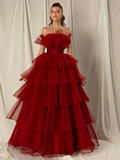 Hot Sale Illusion Burgundy Bridal Boat Neck Evening Dress Sleeveless Sexy lovely Red Color Multilayer Mesh Wedding Dress