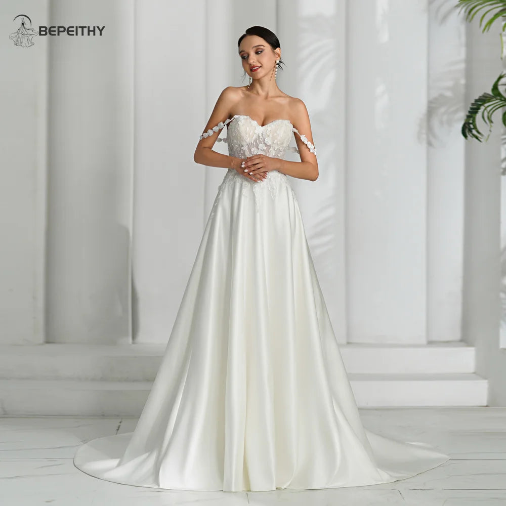 BEPEITHY Sweetheart Ivory A Line Robes de mariée 2023 pour femmes sans manches épaules dénudées Boho Ivoire mariée robe de mariée en satin 2024