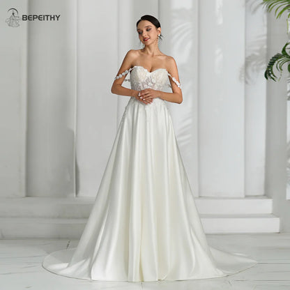 BEPEITHY Sweetheart Ivory A Line Robes de mariée 2023 pour femmes sans manches épaules dénudées Boho Ivoire mariée robe de mariée en satin 2024