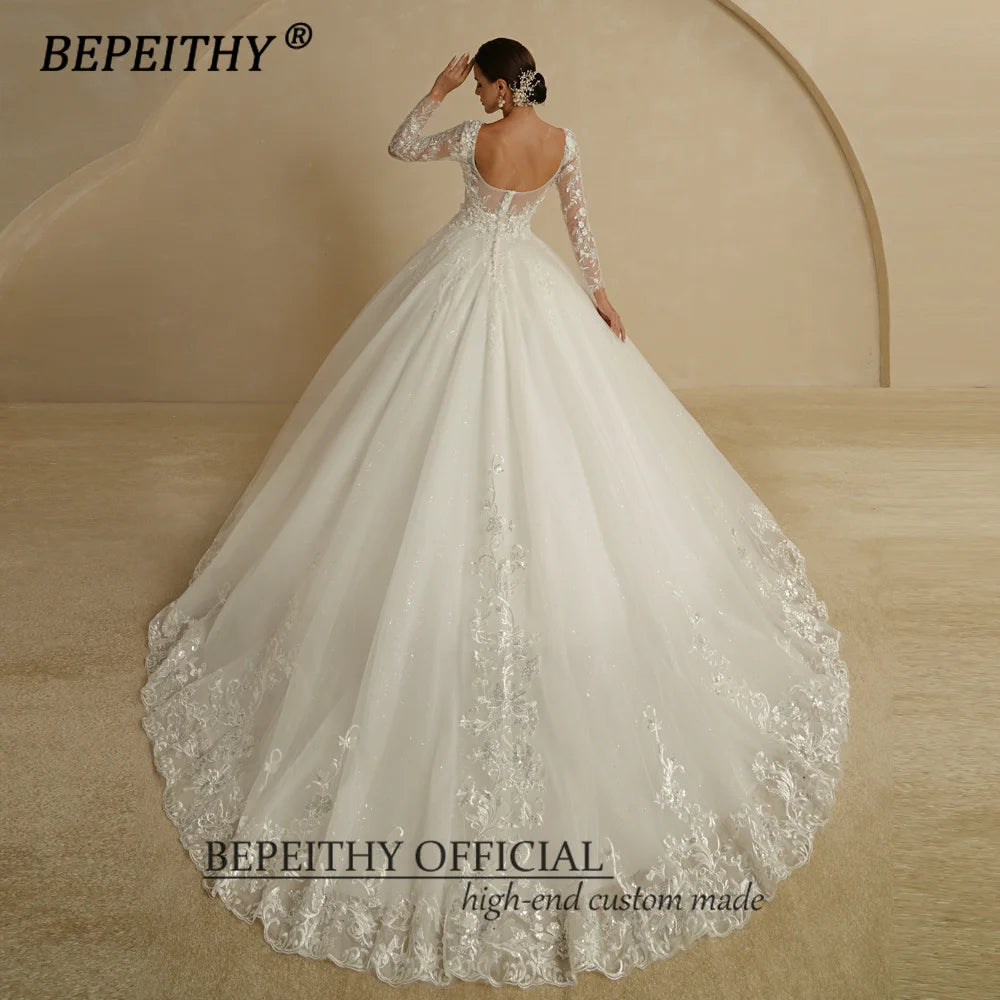 Vestidos de novia de encaje con flores color marfil y escote redondo de BEPEITHY para novia 2023, vestido de novia estilo princesa con mangas largas y purpurina blanca y espalda abierta