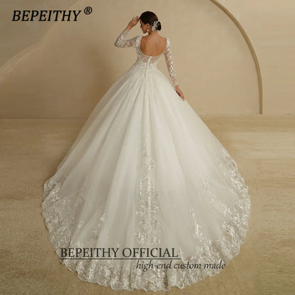 BEPEITHY Scoop Ivory Lace Flower Wedding Dresses For 2023 Bride Princess Full Sleeves White Glitter Bridal Ball Gown Open Back