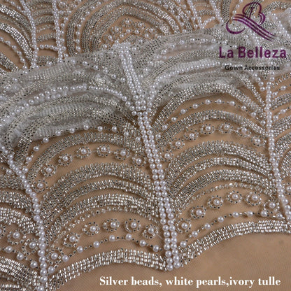 Accessoires de costume de robe de mariée en tissu de perles de machine à perles blanches ondulées en argent blanc cassé