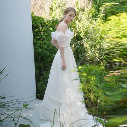 Elegante vestido de novia de manga corta para mujer, vestido largo con hombros descubiertos para dama de honor, vestido de fiesta de boda blanco, vestido formal