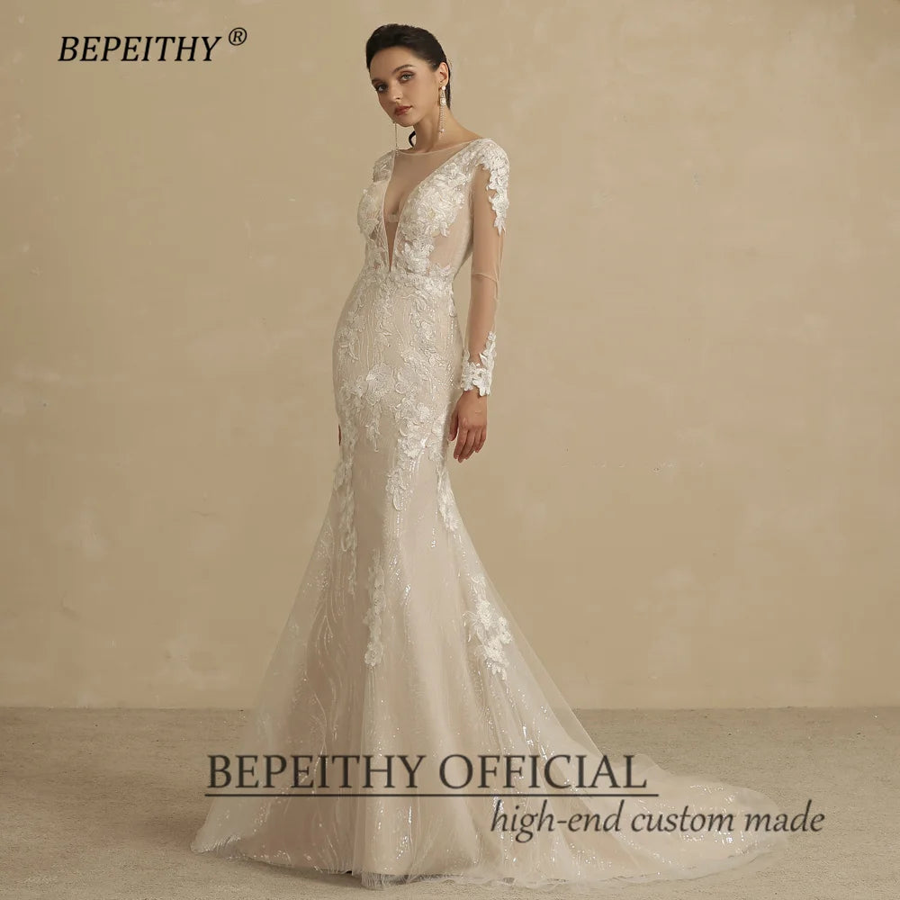 BEPEITHY Mermaid Champange Full Sleeves Lace Wedding Dresses For Women 2022 Bride Summer Sexy Open Back Bridal Boho Party Gown