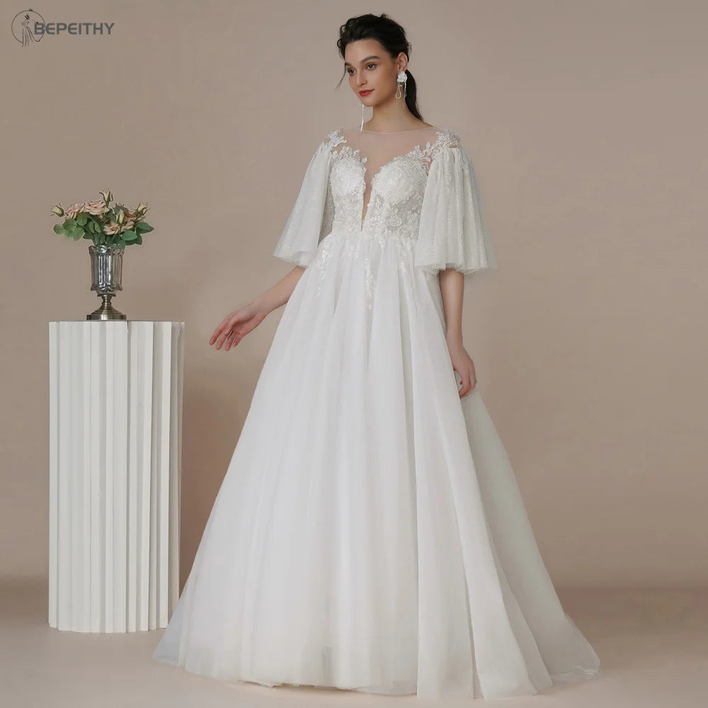 BEPEITHY Sweetheart A Line Ivory Wedding Dresses 2024 Spring Women Long Sleeves Beach Bride Boho Bridal Gown With 3D Flowers