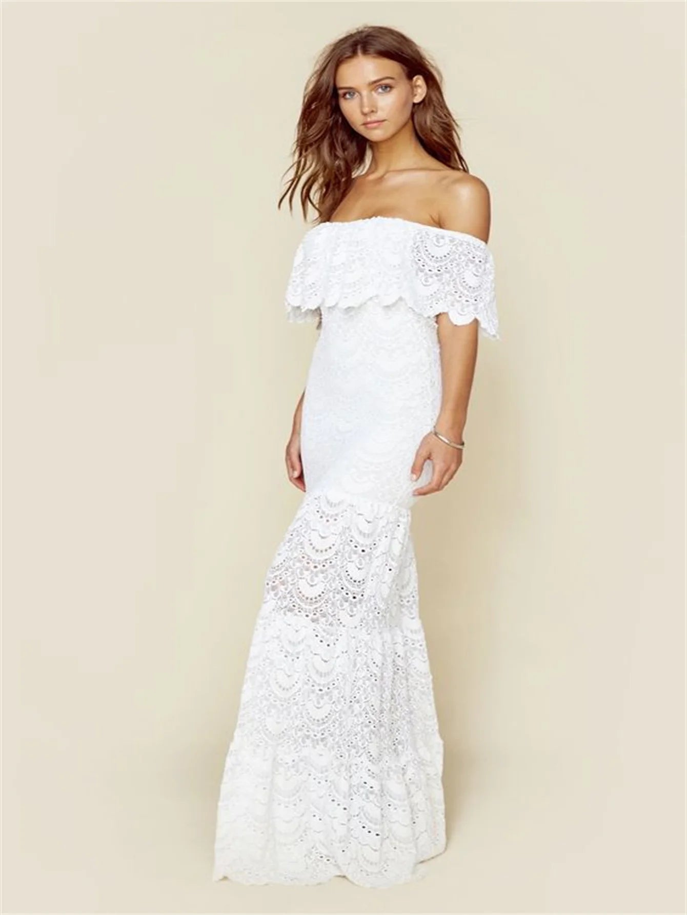 Women's Lace Bohemian Off-the-Shoulder Beach Bridal Wedding Dress Deep V-Neck Sleeveless Wedding Dress High Waist Summer Dress