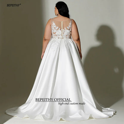 BEPEITHY A Line Ivory Plus Size Satin Wedding Dresses For Women O Neck Sleeveless Sweep Train Sheer Sexy Curve Bridal Gowns