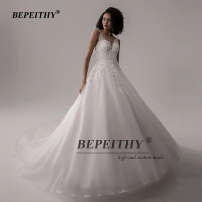 BEPEITHY A-Line Robe De Mariee Sleeveless Wedding Dress For Women 2023 Court Train Low Back Lace Women Bridal Bouquet Gown