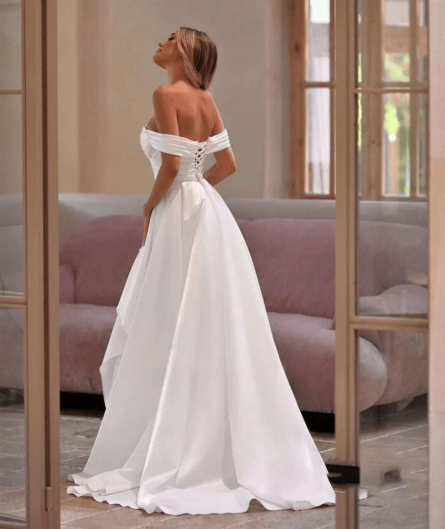 Elegante vestido de novia con abertura lateral alta, manga corta, sirena, hombros descubiertos, vestido de novia personalizado, talla grande