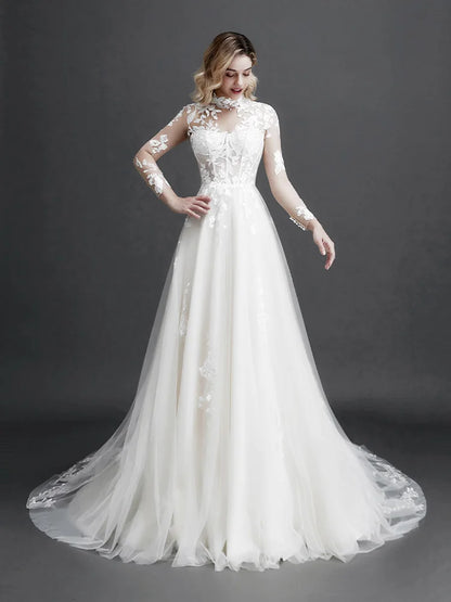 Robe de mariée en dentelle à manches longues pour femme, style bohème rétro, nouvelle collection 2024, fleurs 3D appliquées, robes de soirée élégantes pour bal de fin d'année