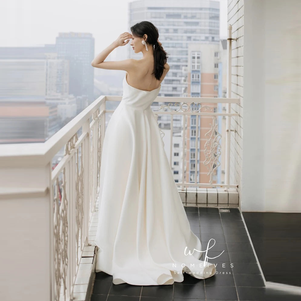 Vestido de novia de satén de corte A, sin tirantes, con un solo hombro, manga corta, talla grande para mujer, estilo princesa Robe de Mariee