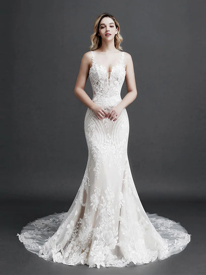 Robe de mariée sirène bohème pour femme, fleurs 3D, appliques de perles, décolleté en V profond, sans manches, dos nu, sexy, slim, ligne A, longues robes