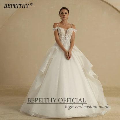 BEPEITHY Glitter A Line Ivory Wedding Dresses For Women 2022 Bride Off The Shoulder Sweep Train Ruffles Lace Vintage Bridal Gown