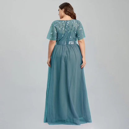 Women's Plus Size Mesh A-Line Sequin Embroidery Evening Dress Leaf  Maxi Prom Dress With Sleeves For Wedding Dress 2022