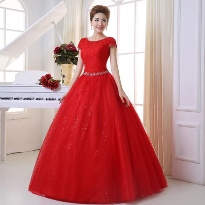 Vestidos de novia de talla grande, foto real, rojo, blanco, encaje, cuello redondo, lentejuelas, vestidos de novia baratos, vestidos de novia princesa, HS587