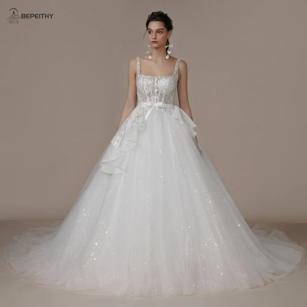 BEPEITHY Princess Glitter Vintage Wedding Dresses For Women Sleeveless Beading Bow Bride Boho Bridal Gown Detachable Flow