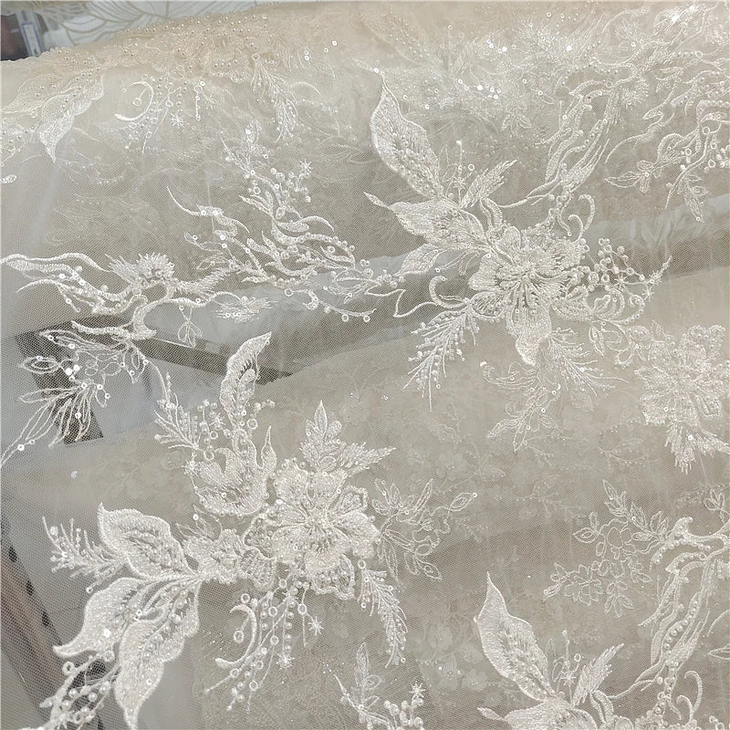 Luxury Pearl Sequin Embroidery Lace Fabric by Meter Flower Embroidered Couture Material For Wedding Dress Veil Costume Cloth