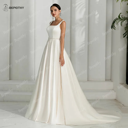 BEPEITHY 2024 Square A Line Wedding Dresses Sleeveless Sweep Train Open Back Vintage Bride Ivory Bridal Gown Vestidos De Novias