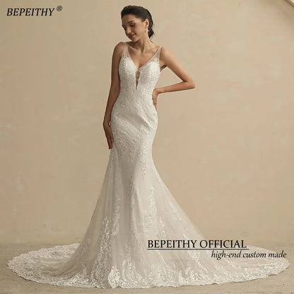 BEPEITHY Real Image Mermaid Lace Wedding Dresses For Women Court Train Sleeveless V Neck Open Back Sexy Vintage Bridal Gown