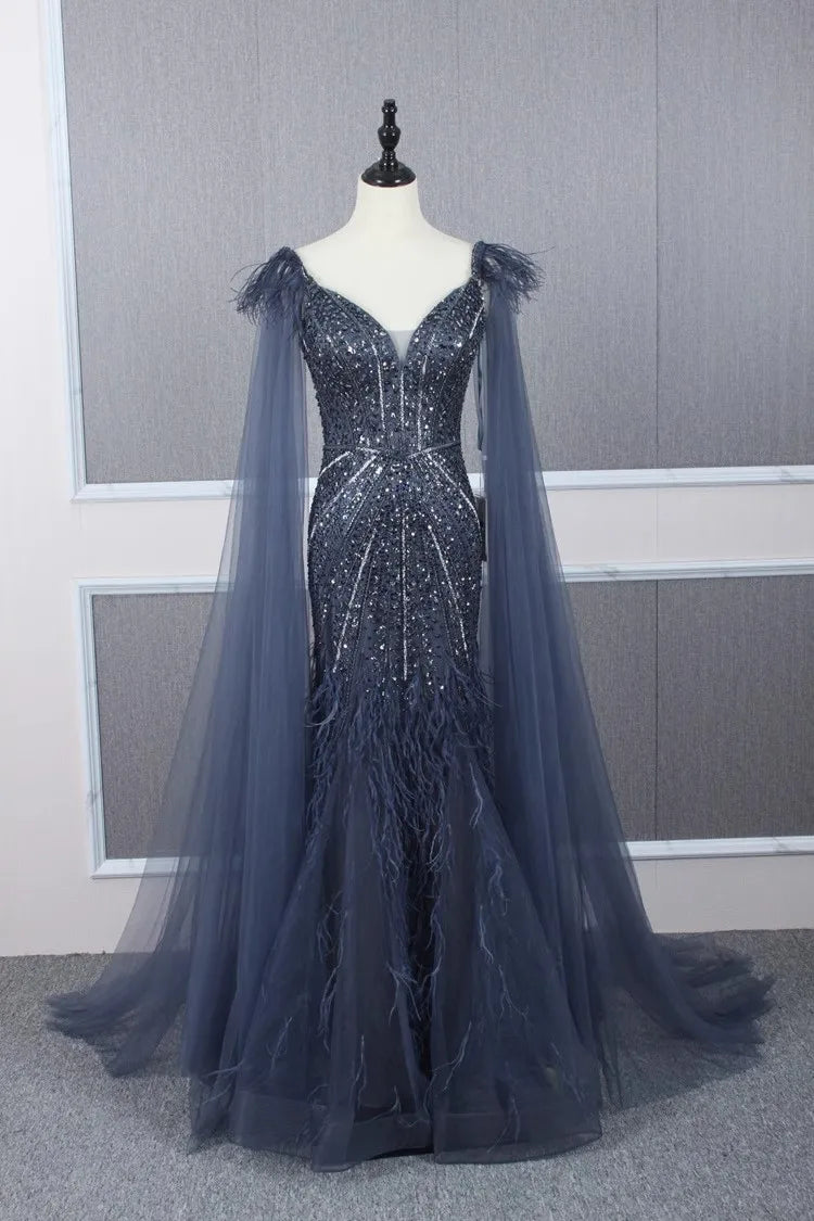 Venta caliente azul marino sirena sexy hombros descubiertos con cuentas plumas cubierta vestidos de noche de lujo vestidos para mujeres fiesta de boda 2024