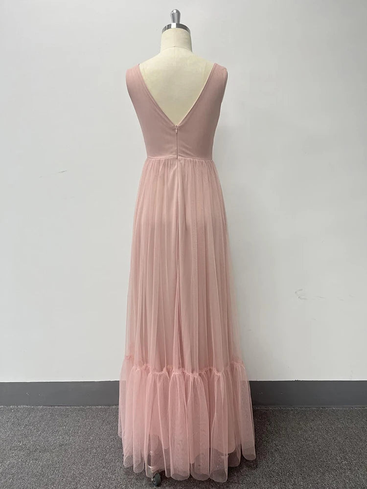 Robe de soirée élégante en tulle sans manches à col en V pour femme, nouvelle collection, coupe trapèze, en gaze moelleuse, robe de soirée de demoiselle d'honneur de mariage