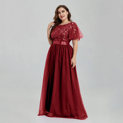 Vestido de noche largo con bordado de lentejuelas y malla en forma de A para mujer, de talla grande, con hojas y mangas para boda 2022