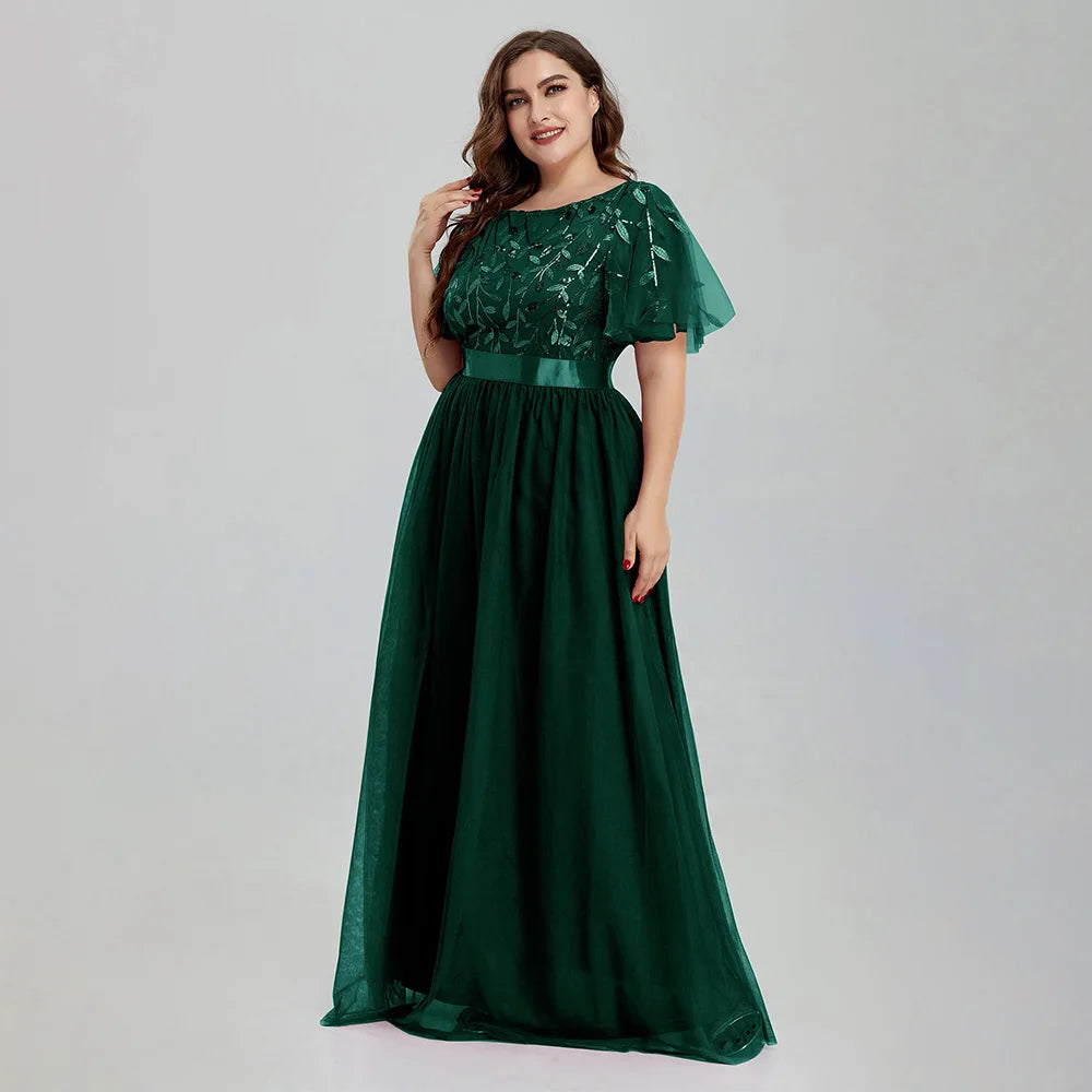 Vestido de noche largo con bordado de lentejuelas y malla en forma de A para mujer, de talla grande, con hojas y mangas para boda 2022