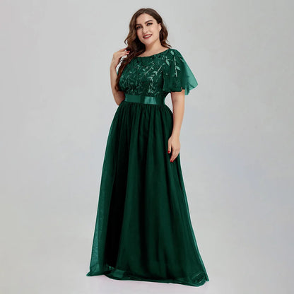 Robe de soirée grande taille en maille A-Line à paillettes brodées, robe de bal longue à feuilles avec manches pour robe de mariée 2022