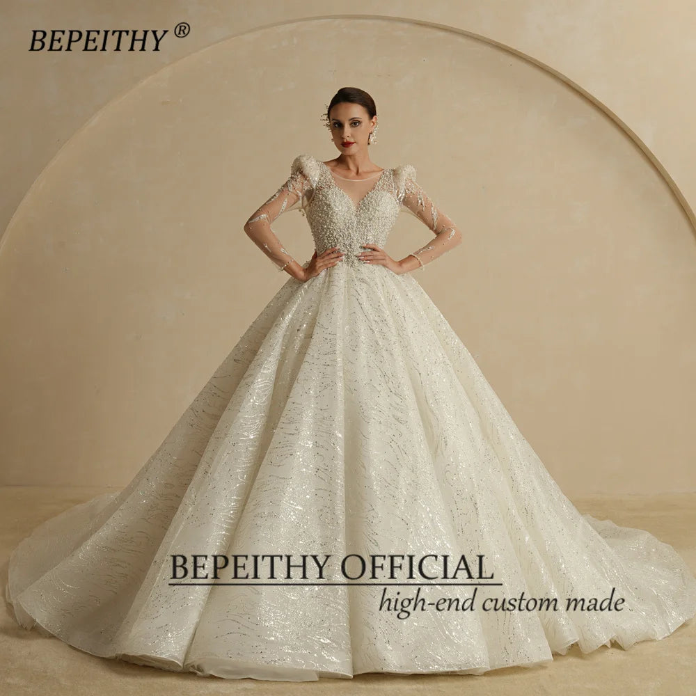 BEPEITHY Luxury Shinny Princess Wedding Dresses For Women 2022 Full Sleeves Scoop Pearls Vintage Ball Bridal Gown Chapel Train