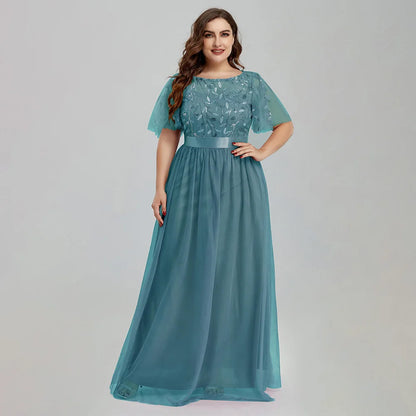 Women's Plus Size Mesh A-Line Sequin Embroidery Evening Dress Leaf  Maxi Prom Dress With Sleeves For Wedding Dress 2022