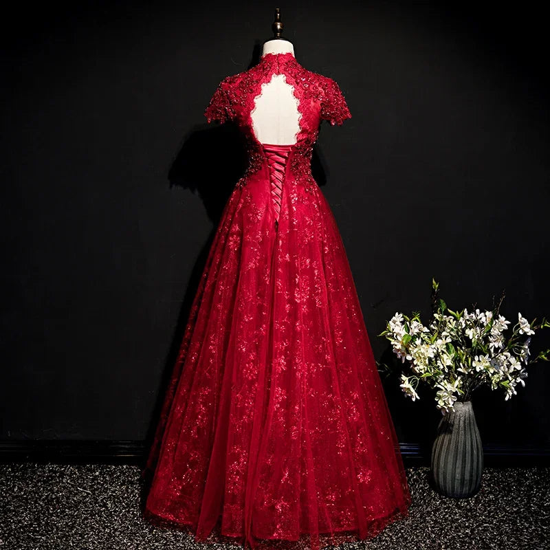 Robe de soirée à manches courtes, style empire, paillettes, imprimé floral, élégante, col en V, longueur au sol, dos nu, nouvelle collection, robes de soirée formelles pour femmes, B989