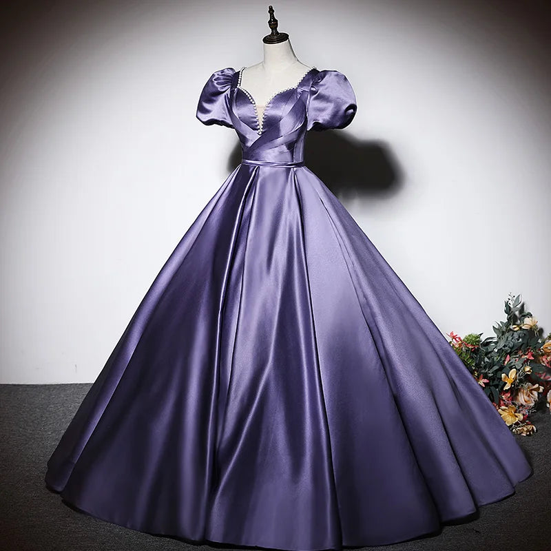 Robe de soirée en satin violet à manches courtes plissée, coupe trapèze, col en V, lacets, longueur au sol, mode, grande taille, robes de soirée pour femme XE090