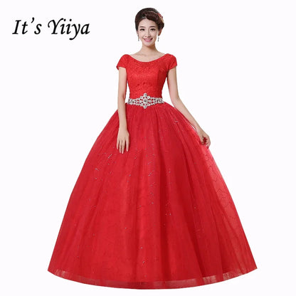 Real Photo New Vestidos De Novia Cheap Red White Wedding Dresses O-Neck Short Sleeves Plus size Bride Gowns Frocks HS161