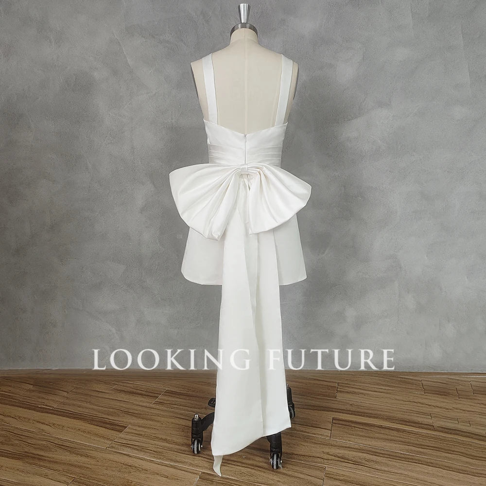 Robe de mariée courte civile mini avec nœud pour femme sans manches col carré ligne A robe de mariée simple dos ouvert robe de mariée