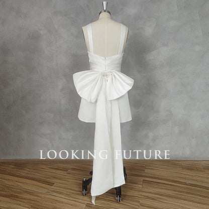 Robe de mariée courte civile mini avec nœud pour femme sans manches col carré ligne A robe de mariée simple dos ouvert robe de mariée