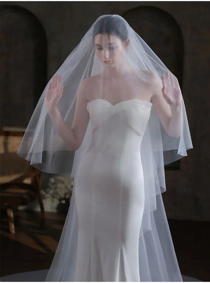 V872 Long White Handmade Bridal Veil for Wedding Dress Tulle Two-Layer Cathedral Brides to Be Veil with Hair Comb