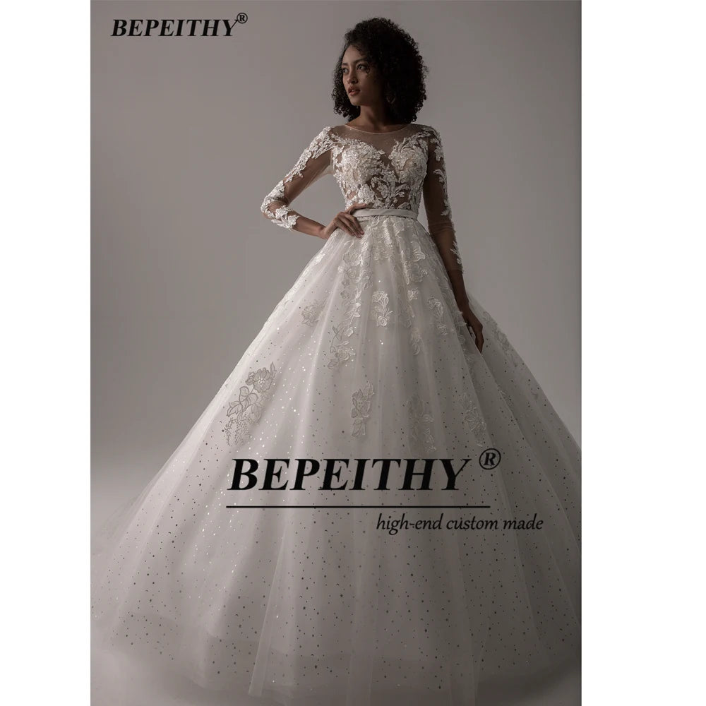 BEPEITHY Vestido de novia con escote en O y manga larga de tul brillante para mujer, vestido de novia estilo princesa, vestido de novia exquisito