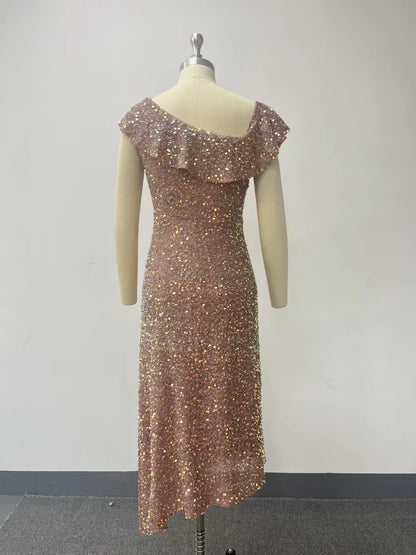 2024 Nouvelle robe fantaisie brillante et brillante à épaules obliques et fermeture éclair latérale pour femmes, tenue élégante et multi-usure, longueur moyenne, jupe irrégulière