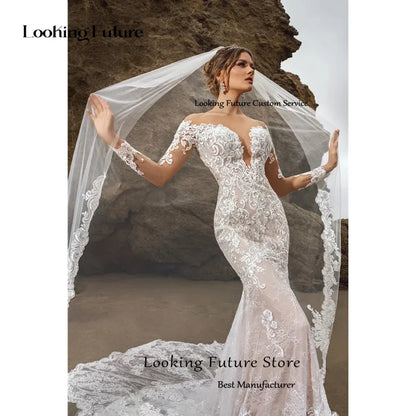 Exquisito vestido de novia de sirena de manga larga con apliques de encaje vestidos de novia para mujer sexy escote en V profundo sin espalda Vestido de novia2024