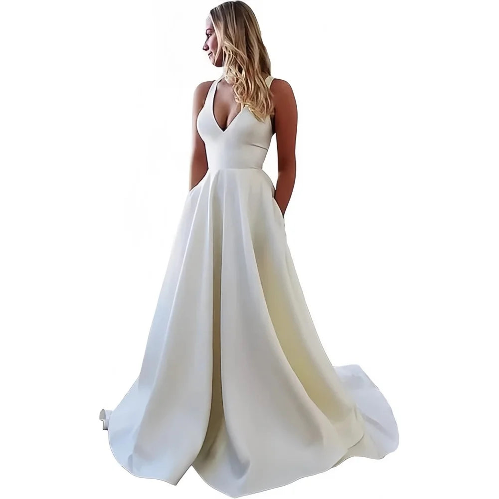 Spaghetti Strap Open Back Wedding Dresses Satin Simple Style Prom Dress V Neck Evening Gown Formal Party Dress with Bow