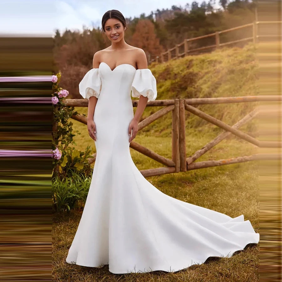 Vestido de novia sirena desmontable de manga corta de talla grande con hombros descubiertos, vestido de novia princesa Robe de Mariee de satén con escote corazón