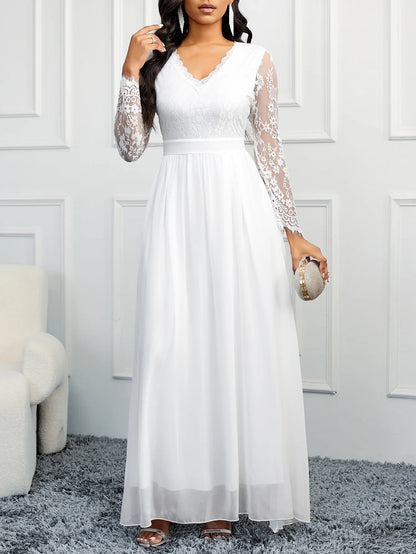 Elegant Wedding Dresses V-Neck Backless Evening Dress 2024 Tulle Sleeve Lace Robe De SoiréE De Mariage White Bridal Women Dress